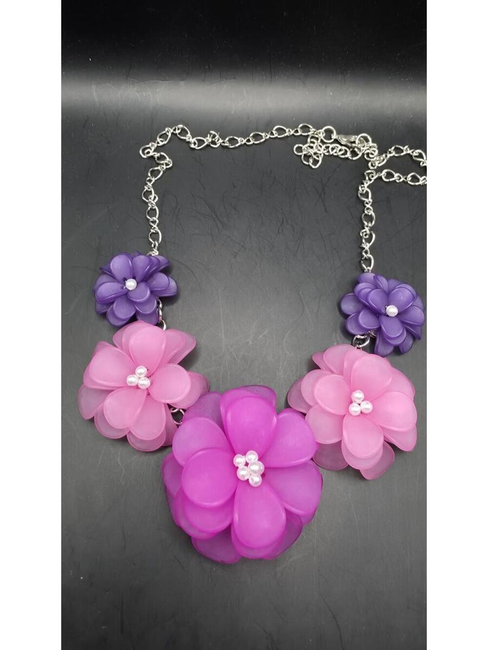 Floral Statement Necklace Purple Pink Multi Flower Cluster Costume Jewellery